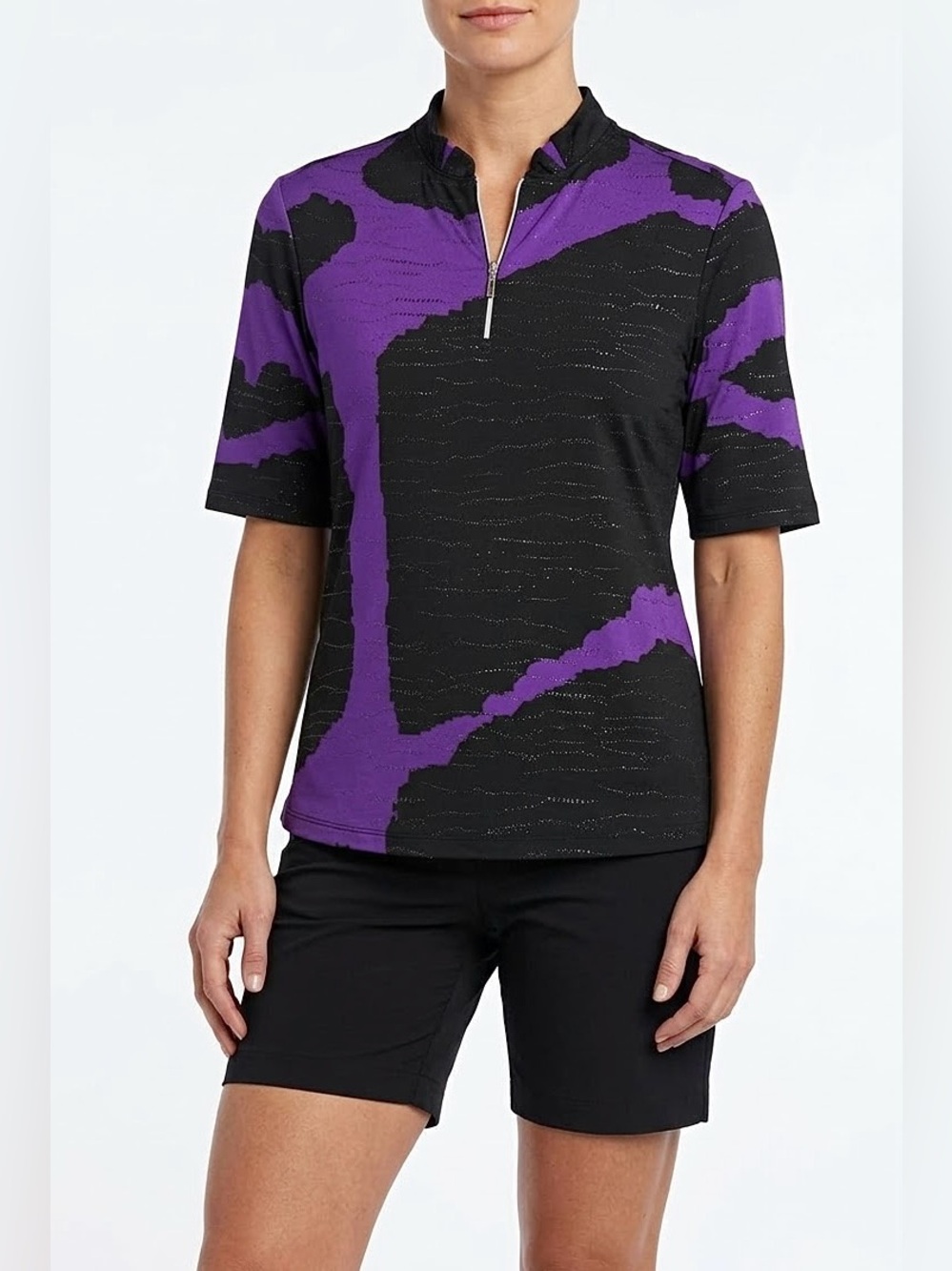 Jamie Sadock Golf Polo Top Short Sleeve Quarter Zip Purple Black Shirt Large